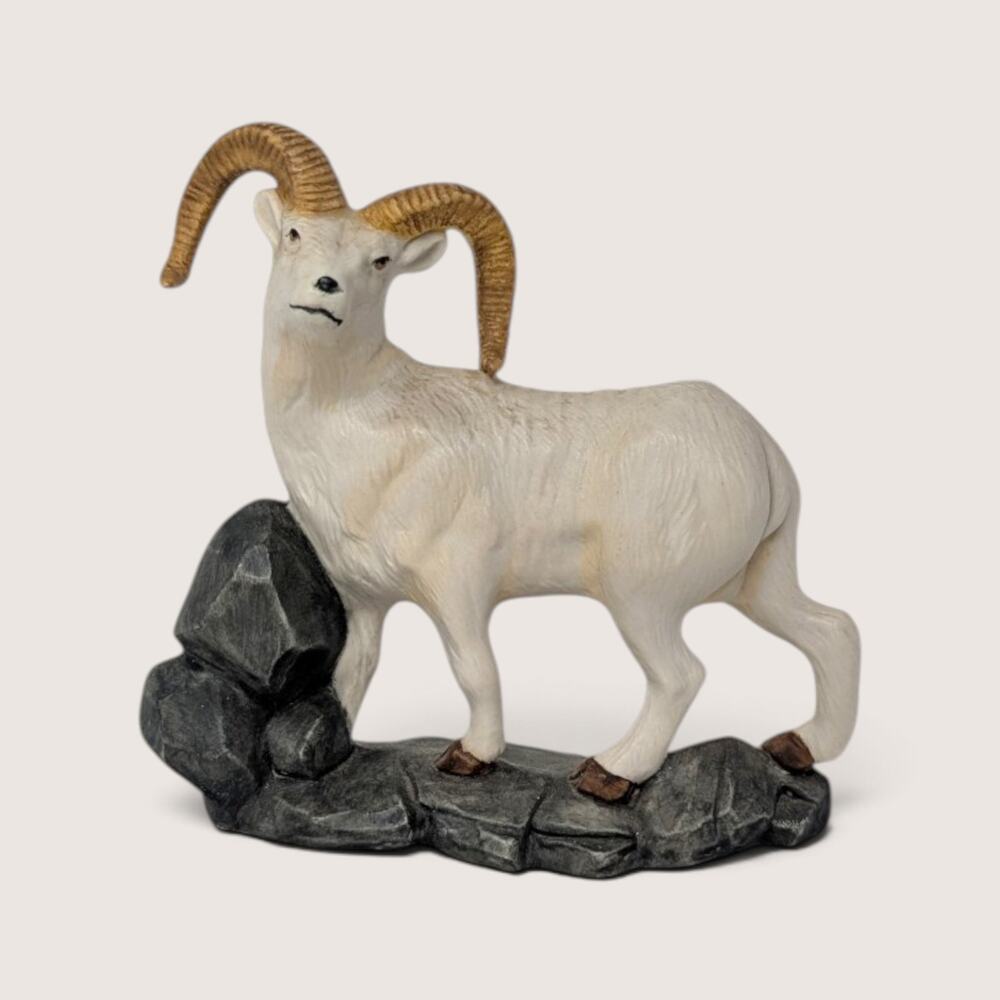Vintage 1980s Bighorn Sheep Figurine | Ceramic Ram on Stone Base Statue